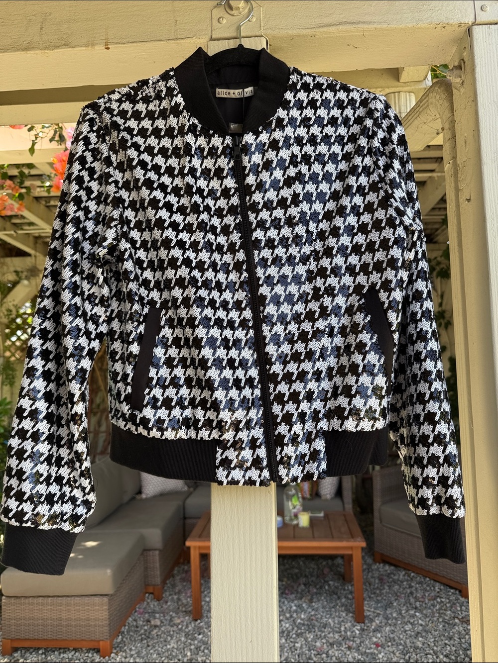 Alice + Olivia Black & White Houndstooth Sequin Bomber Jacket